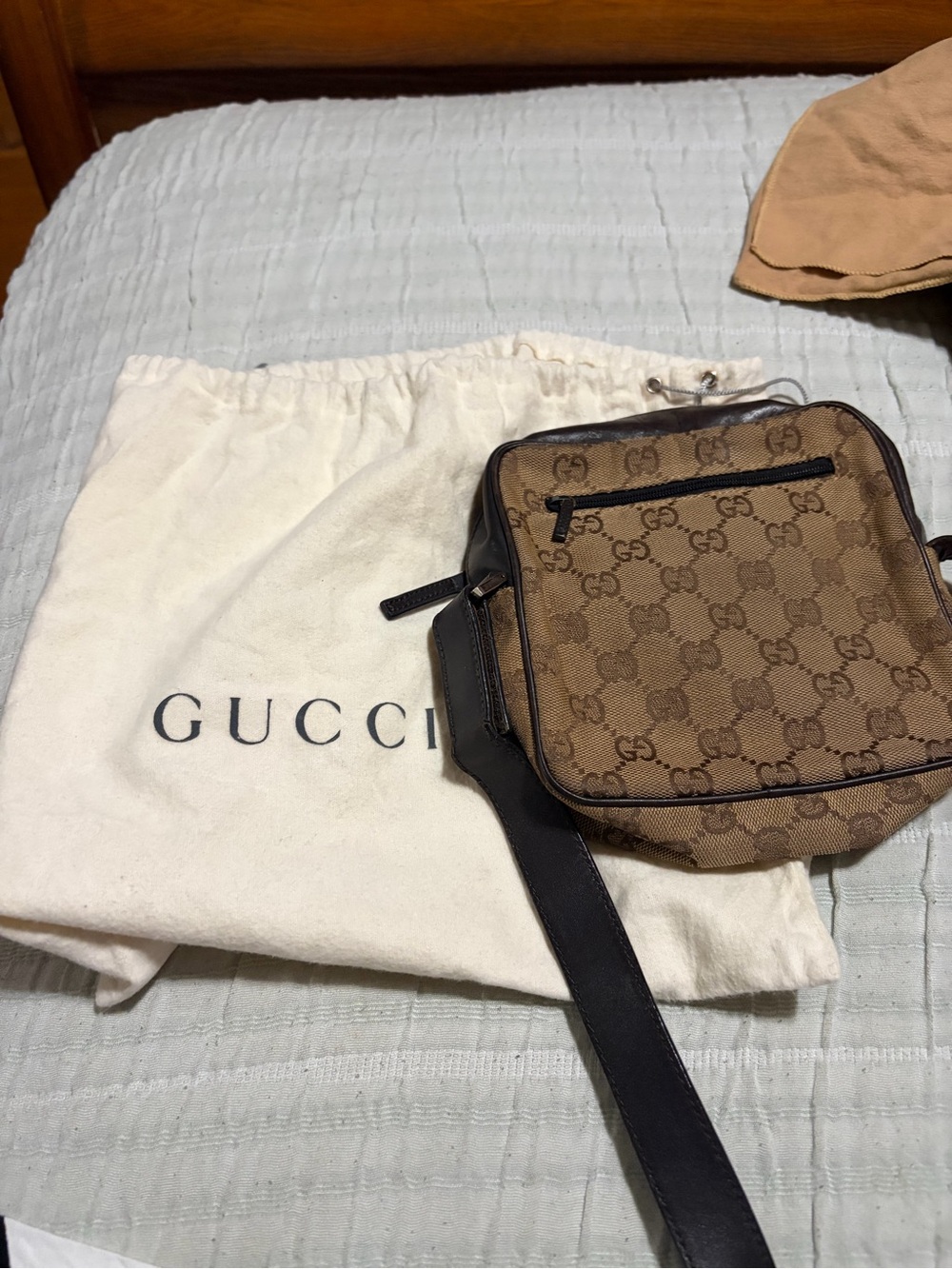 Gucci Beige/Brown GG Canvas crossbody with Black Strap